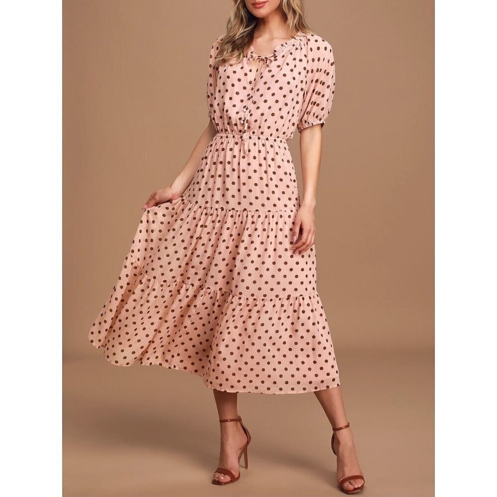 Lulus Dress sz M women Love You Tier-ly Blush Pink Polka Dot Tiered Midi Retro
